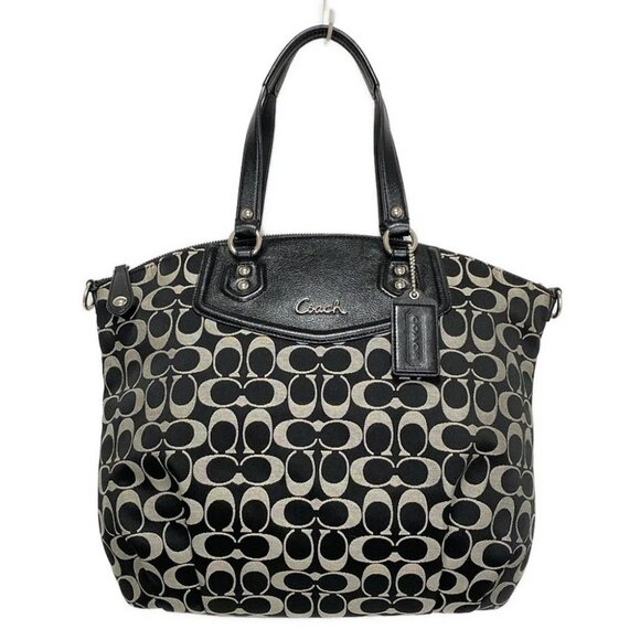 COACH Ashley Signature NS Satchel Tote Bag F25185 Black Light gray Jacquard - Picture 1 of 8